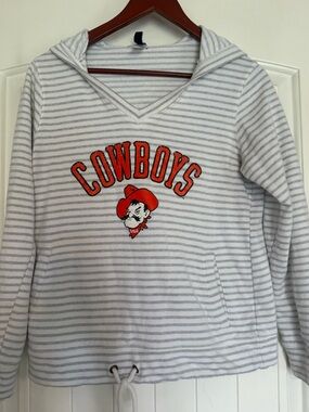 Women’s Cowboys Hooded Pullover - Gray & White Stripes with Orange Logo